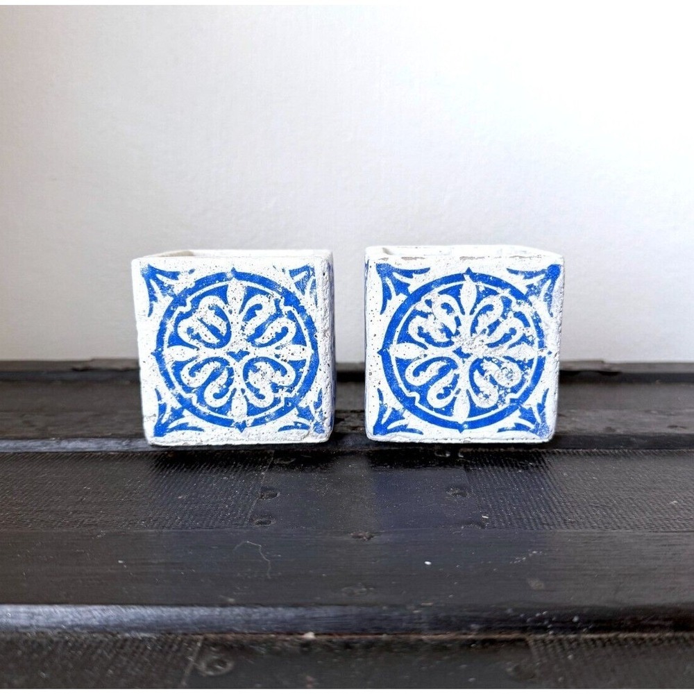 Set of 2 Blue White Mediterranean Medallion Square Concrete Succulent‎ Planters